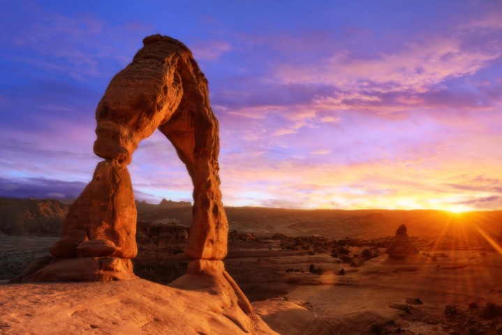 Soft light sunset of Delicate Arch Utah Delicate Arch in Arches National Park
